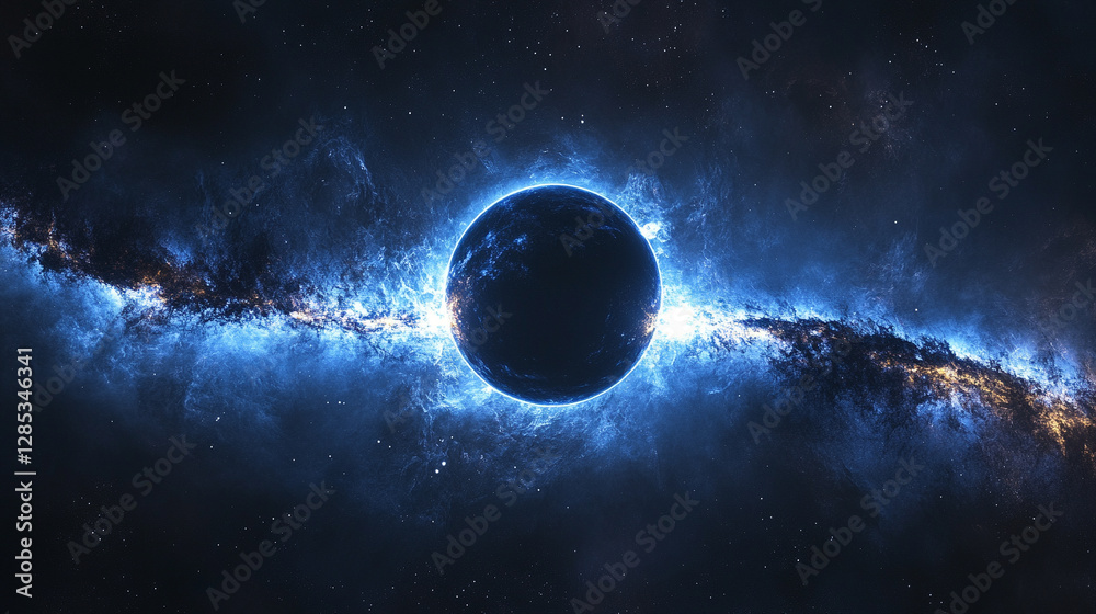 Obraz premium mesmerizing blue glow encircles planet Earth during an eclipse, set against the vast, starry dark space. The planet orbits a celestial body, creating a stunning cosmos display with bright, modern ligh