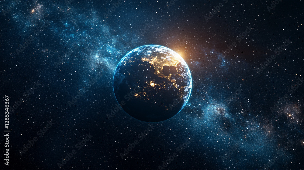 mesmerizing blue glow encircles planet Earth during an eclipse, set against the vast, starry dark space. The planet orbits a celestial body, creating a stunning cosmos display with bright, modern ligh mesmerizing blue glow encircles planet Earth during an eclipse, set against the vast, starry dark space. The planet orbits a celestial body, creating a stunning cosmos display with bright, modern ligh