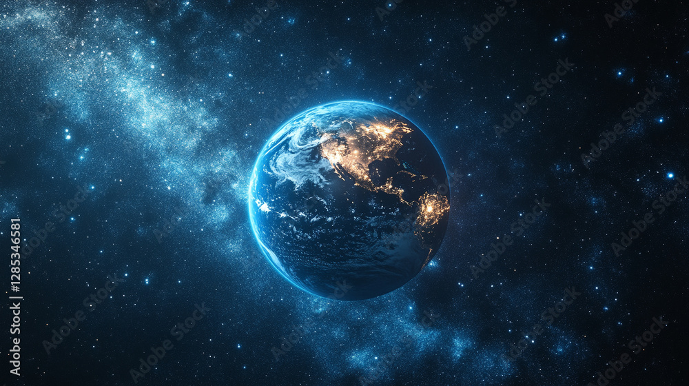 Obraz premium mesmerizing blue glow encircles planet Earth during an eclipse, set against the vast, starry dark space. The planet orbits a celestial body, creating a stunning cosmos display with bright, modern ligh