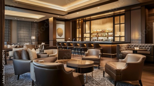 Modern Lounge Interior Featuring Elegant Seating and a Stylish Bar in a Luxury Urban Setting at Night