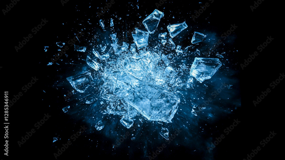 Obraz premium A dynamic background of broken ice particles in the dark, with small pieces floating upwards
