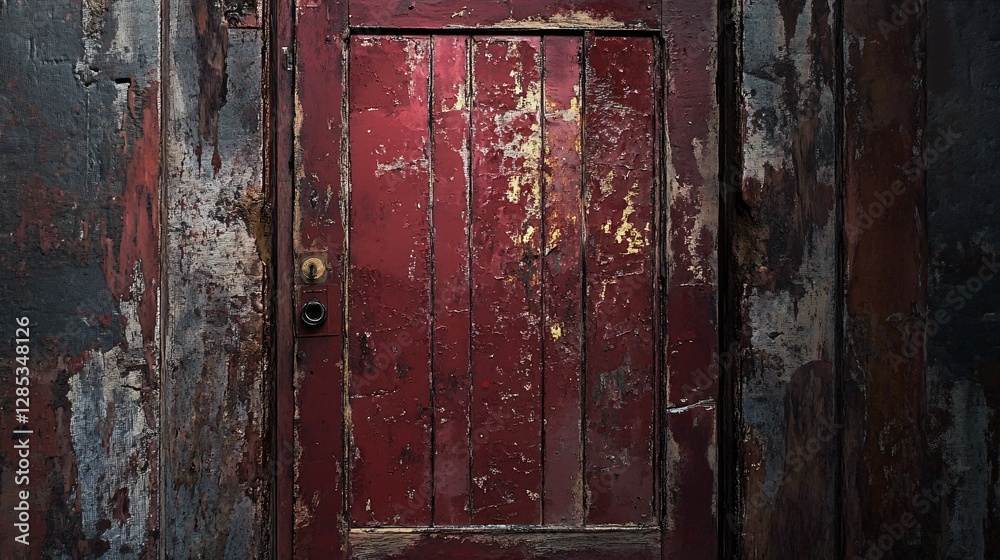 Weathered Red Wooden Door in Decaying Wall Weathered Red Wooden Door in Decaying Wall