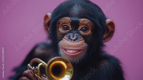 A photo of a smiling ape playing the tuba This playful primate photo is set against a vibrant purple background