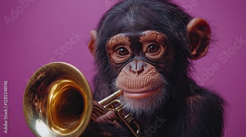 A photo of a smiling ape playing the tuba This playful primate photo is set against a vibrant purple background