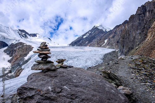 Wallpaper Mural Pyramid for making wishes from stones on the background of mountain peaks in the Altai Republic. Meditation and tranquility. Torontodigital.ca