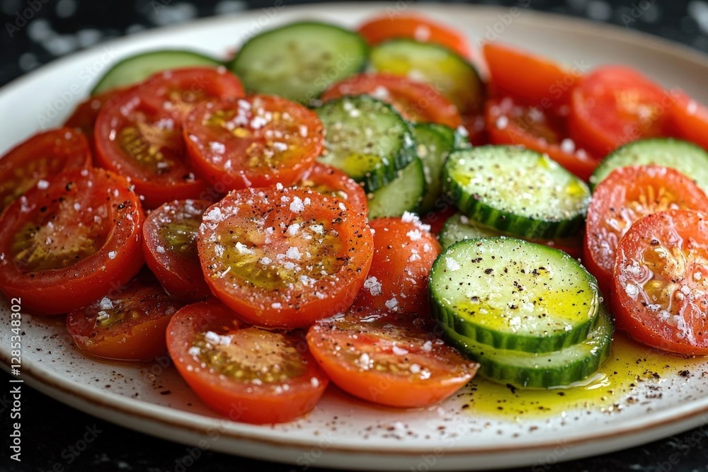 Fresh Tomato Cucumber Salad with Olive Oil and Black Pepper on Plate Close Up Still Life Fresh Tomato Cucumber Salad with Olive Oil and Black Pepper on Plate Close Up Still Life