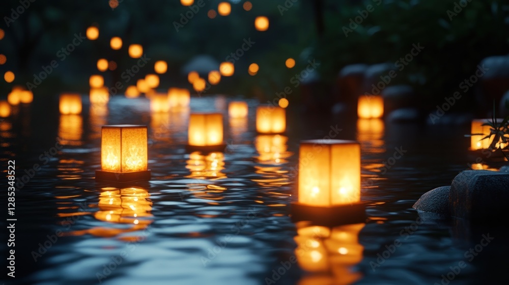 Floating Lanterns on a Serene Lake at Dusk, Evoking Tranquility and Hope Floating Lanterns on a Serene Lake at Dusk, Evoking Tranquility and Hope