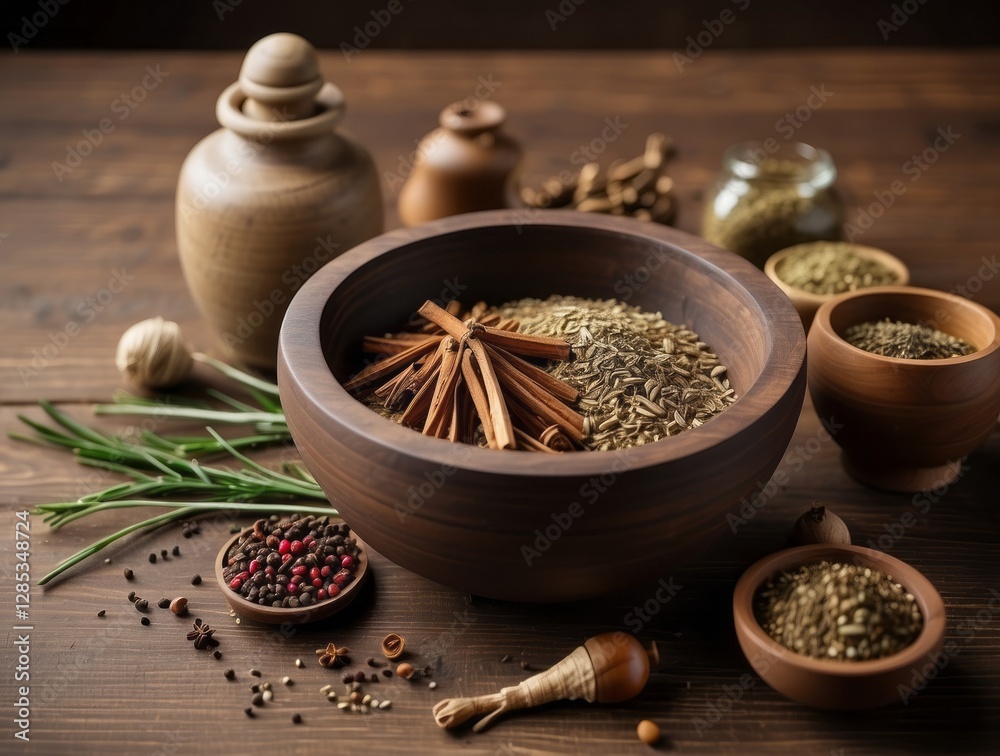 Assorted herbs and spices displayed in wooden bowls and jars Assorted herbs and spices displayed in wooden bowls and jars