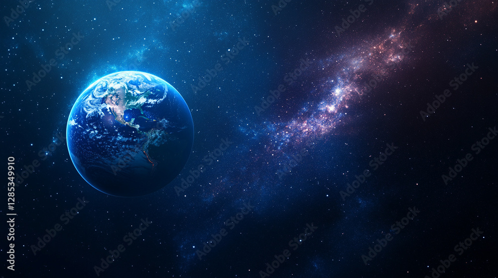 Obraz premium mesmerizing blue glow encircles planet Earth during an eclipse, set against the vast, starry dark space. The planet orbits a celestial body, creating a stunning cosmos display with bright, modern ligh