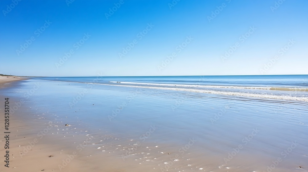 Serene Beach with Clear Blue Sky and Calm Ocean Waves Ideal for Relaxation and Escape : Generative AI Serene Beach with Clear Blue Sky and Calm Ocean Waves Ideal for Relaxation and Escape : Generative AI
