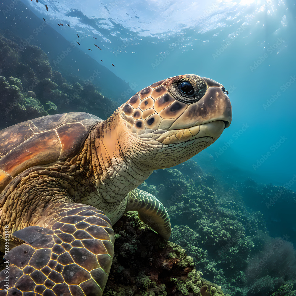 Fototapeta premium Underwater sea turtle swimming near coral reef in tropical ocean 