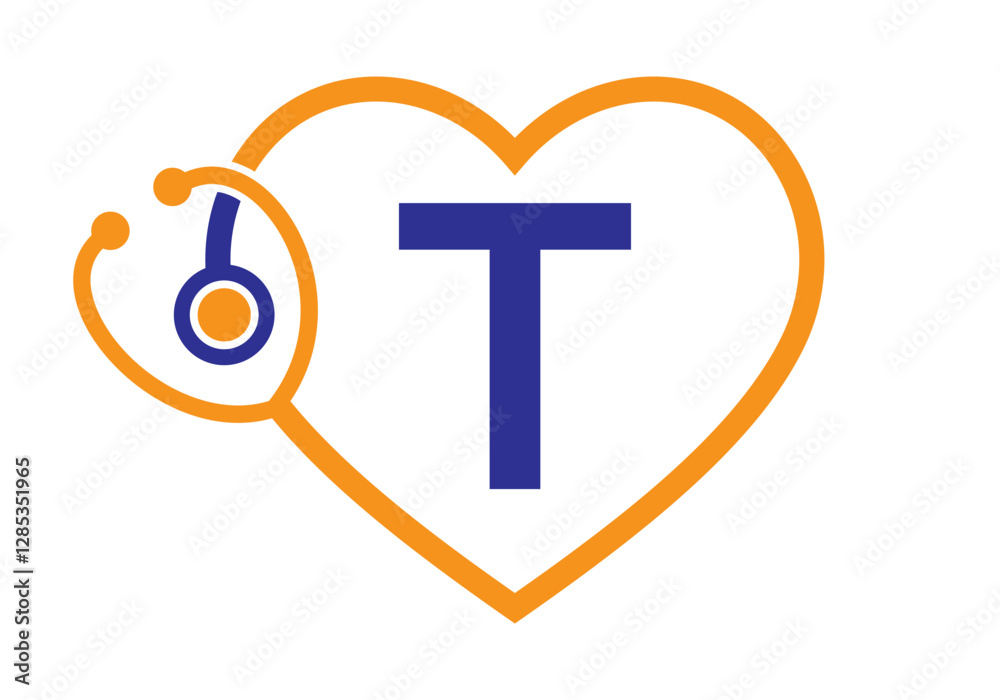 Obraz premium Initial Letter T Medical Logo Concept With Heart and Stethoscope Symbol For Healthcare and Medical Sign