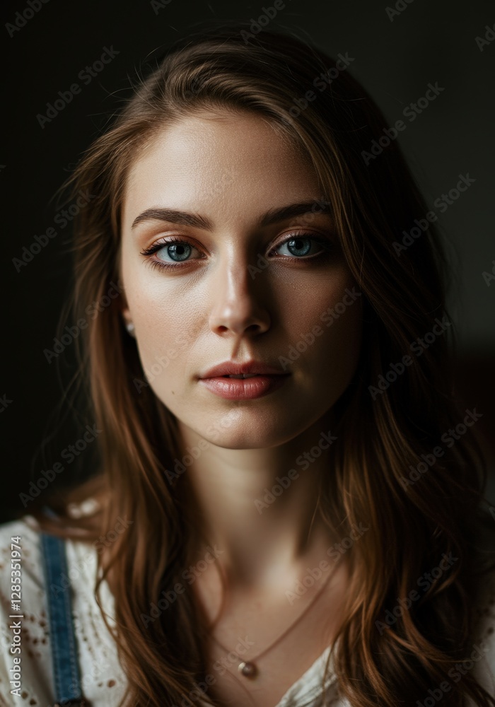 Portrait of a Young Woman with Long Brown Hair and Blue Eyes Wearing a White Blouse Portrait of a Young Woman with Long Brown Hair and Blue Eyes Wearing a White Blouse