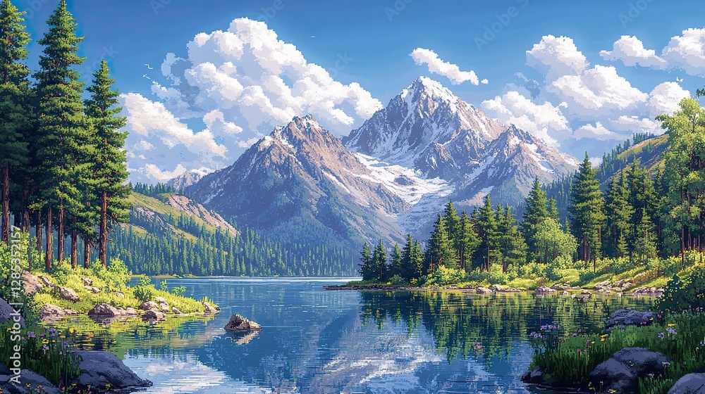 Fototapeta premium A pixel art mountain lake landscape is depicted, complete with clouds, a serene lake, and a lush forest