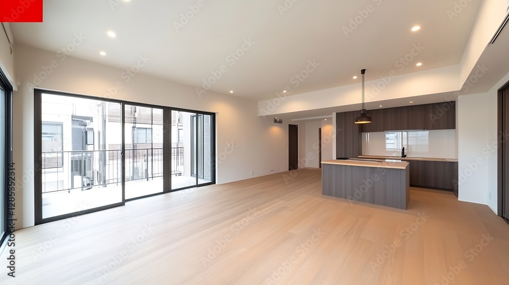 Fototapeta premium Spacious Modern Living Room with Natural Light and Open Kitchen Design : Generative AI