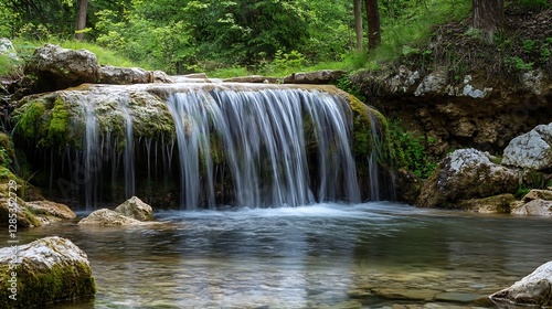 Tranquil Waterfall Cascading Over Rocky Pool Surrounded by Lush Green Forest : Generative AI