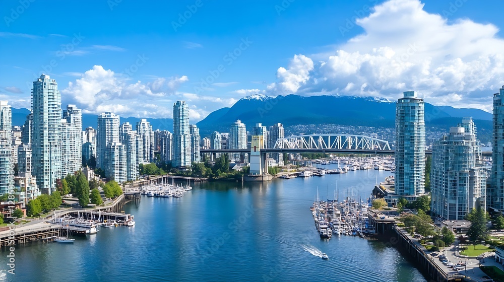 Fototapeta premium Breathtaking aerial view of Vancouver skyline with marinas mountains and dramatic clouds during day : Generative AI