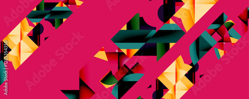 Abstract geometric artwork with interwoven angular and curved shapes, dynamic composition with smooth gradients and bold contrasts