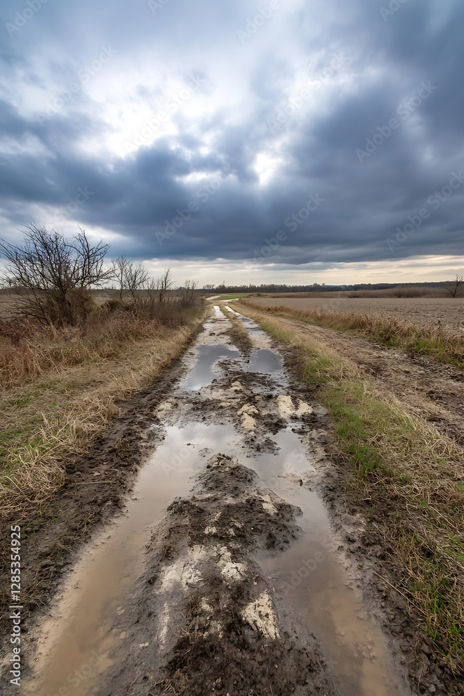 Fototapeta premium Rural Landscape with Muddy Road and Dramatic Sky Before Storm : Generative AI