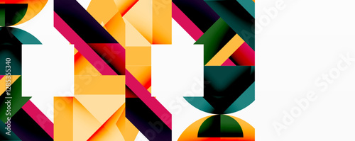 Abstract geometric artwork with interwoven angular and curved shapes, dynamic composition with smooth gradients and bold contrasts