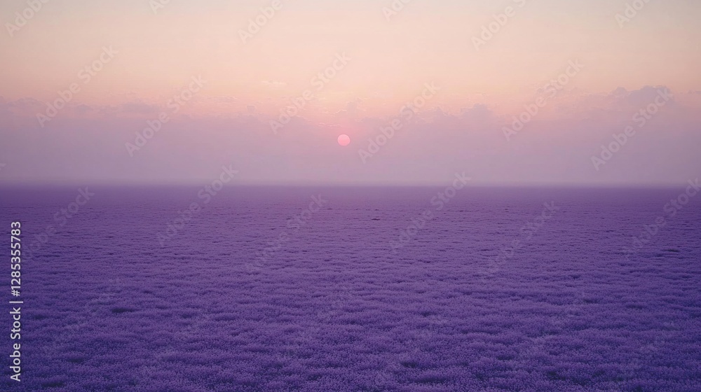 Purple sunrise over misty field, aerial view, tranquil Purple sunrise over misty field, aerial view, tranquil