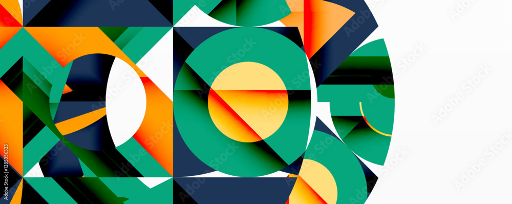 Circles, semi circles, squares and round triangles. Geometric mosaic style pattern abstract background for wallpaper, banner, backdrop, card, book Illustration, landing page Circles, semi circles, squares and round triangles. Geometric mosaic style pattern abstract background for wallpaper, banner, backdrop, card, book Illustration, landing page