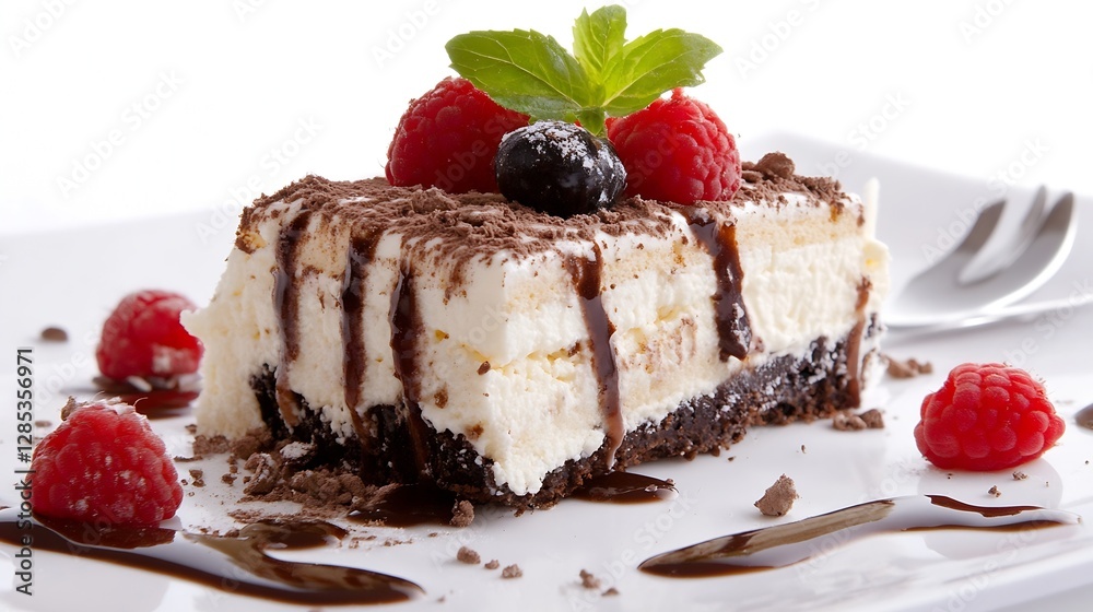 Delicious chocolate raspberry cheesecake slice garnished with mint leaves on a white plate : Generative AI