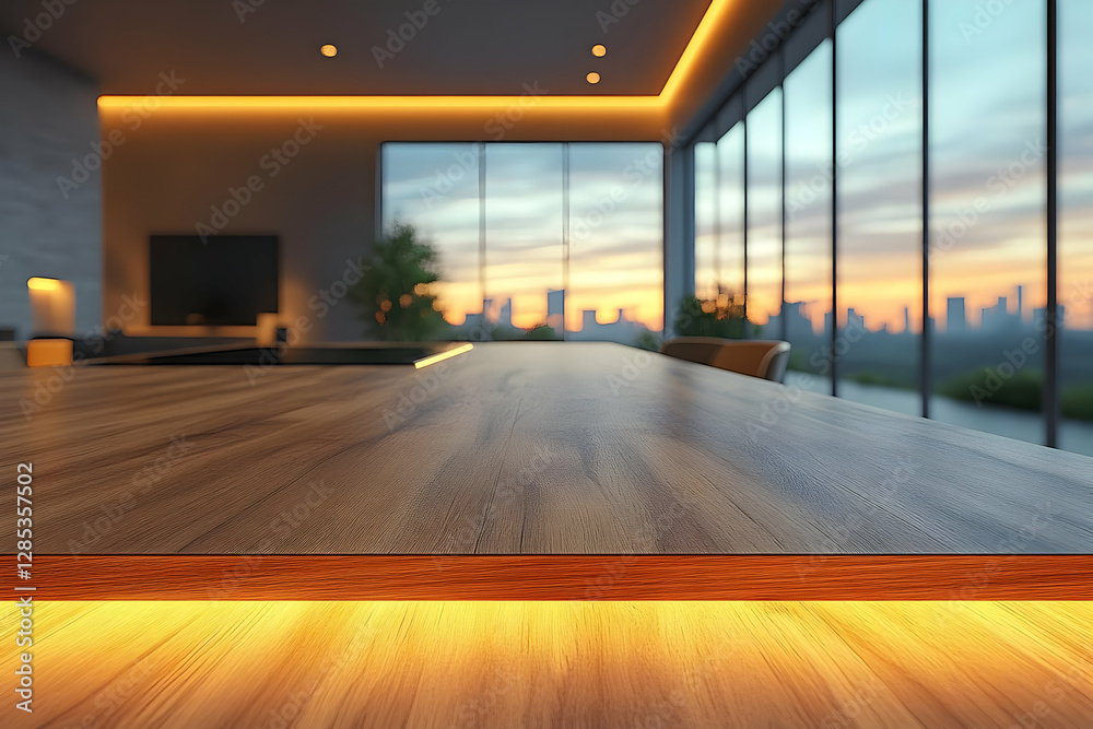 Modern Interior Featuring Wooden Table with City Skyline and Sunset Background in Room with Minimalist Design and Geometric Elements Modern Interior Featuring Wooden Table with City Skyline and Sunset Background in Room with Minimalist Design and Geometric Elements