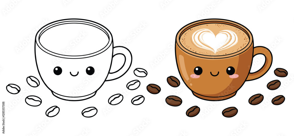 Obraz premium A coffee cup and saucer with coffee beans Vector illustration with white background