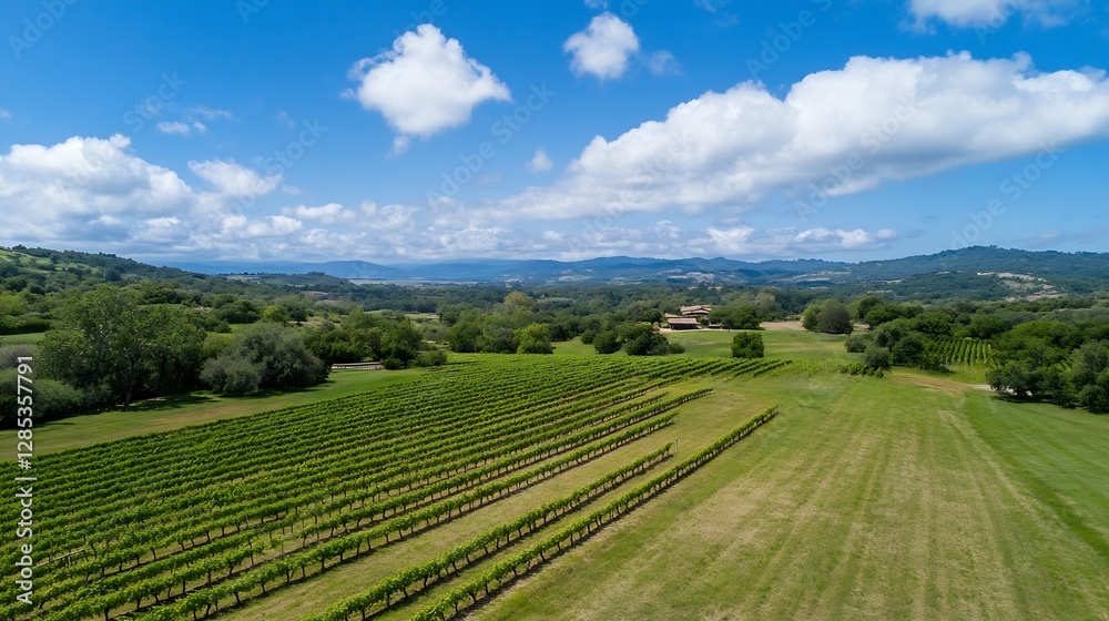 Breathtaking Aerial View of Lush Green Vineyards Under Clear Blue Sky in Scenic Country Landscape : Generative AI Breathtaking Aerial View of Lush Green Vineyards Under Clear Blue Sky in Scenic Country Landscape : Generative AI