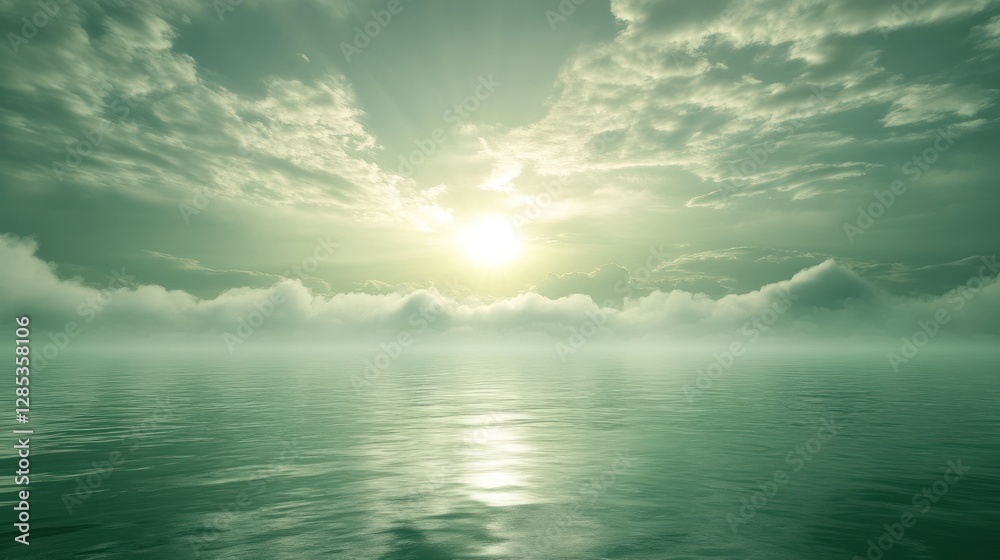 Calm Seascape at Sunrise with Misty Clouds and Greenish Hues Calm Seascape at Sunrise with Misty Clouds and Greenish Hues