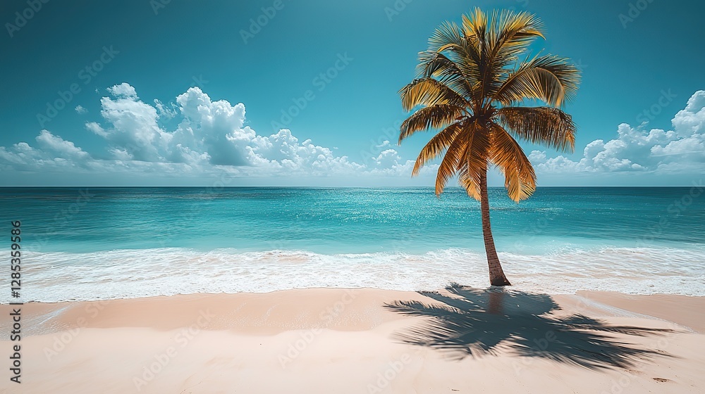 A quintessential tropical beach paradise scene unfolds with a solitary palm tree casting its shadow on the white sand, the mesmerizing blue ocean stretching as far as the eye can see A quintessential tropical beach paradise scene unfolds with a solitary palm tree casting its shadow on the white sand, the mesmerizing blue ocean stretching as far as the eye can see