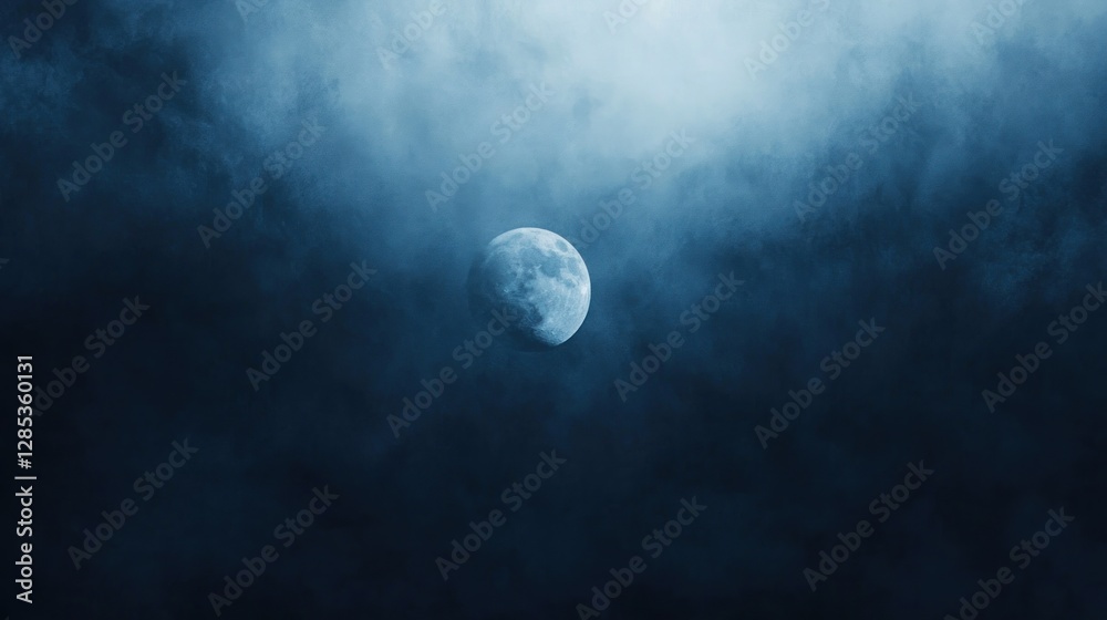 Mysterious Half Moon Shining Through Dark, Moody Clouds at Night Mysterious Half Moon Shining Through Dark, Moody Clouds at Night