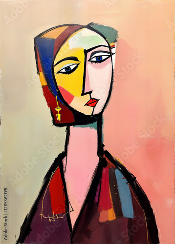 An abstract portrait of a fictional woman. The painting is in a modern style. Executed in oil on canvas using solvent blur. 