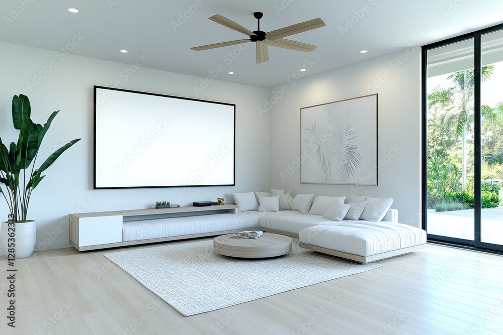 Fototapeta premium Modern Living Room with Stylish Shelves and Decor, 3D Render