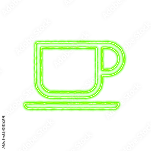 Icon cup of coffee from the flow of energy of green color. Shimmering neon