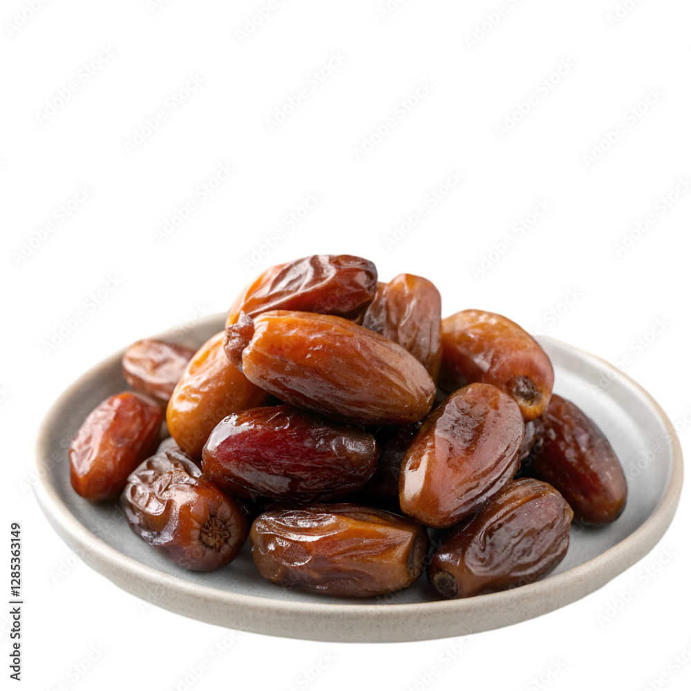 Plate filled with delicious dates against white background Plate filled with delicious dates against white background