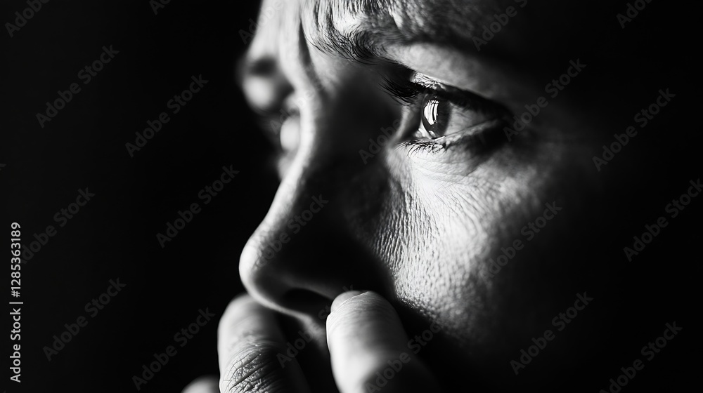Close up portrait of a woman showing worry and emotional expression in black and white : Generative AI Close up portrait of a woman showing worry and emotional expression in black and white : Generative AI
