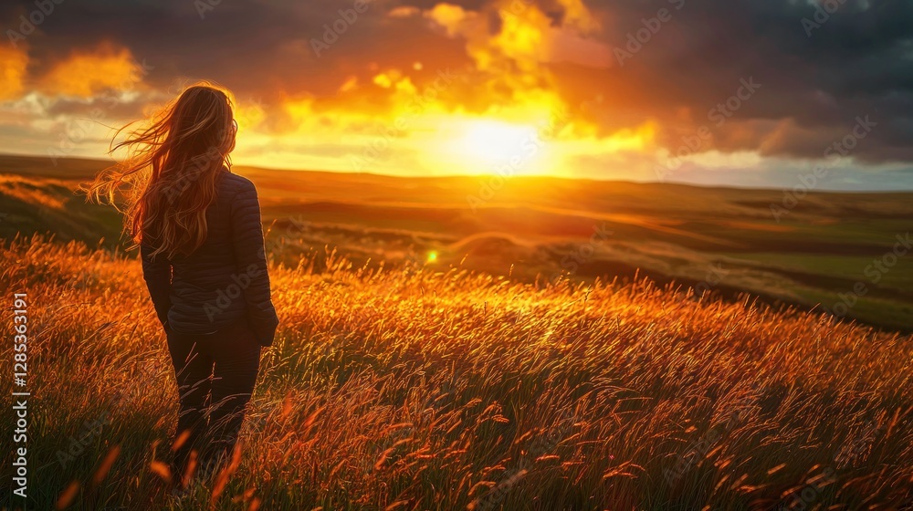 Fototapeta premium Golden Hour Serenity: A Woman Silhouetted Against a Vibrant Sunset Over Rolling Hills