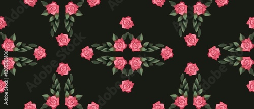 seamless floral pattern with symmetrical pink roses and lush green leaves arranged in a geometric style on a deep dark background fit for fabric prints, wallpaper, gift wrapping, home decor