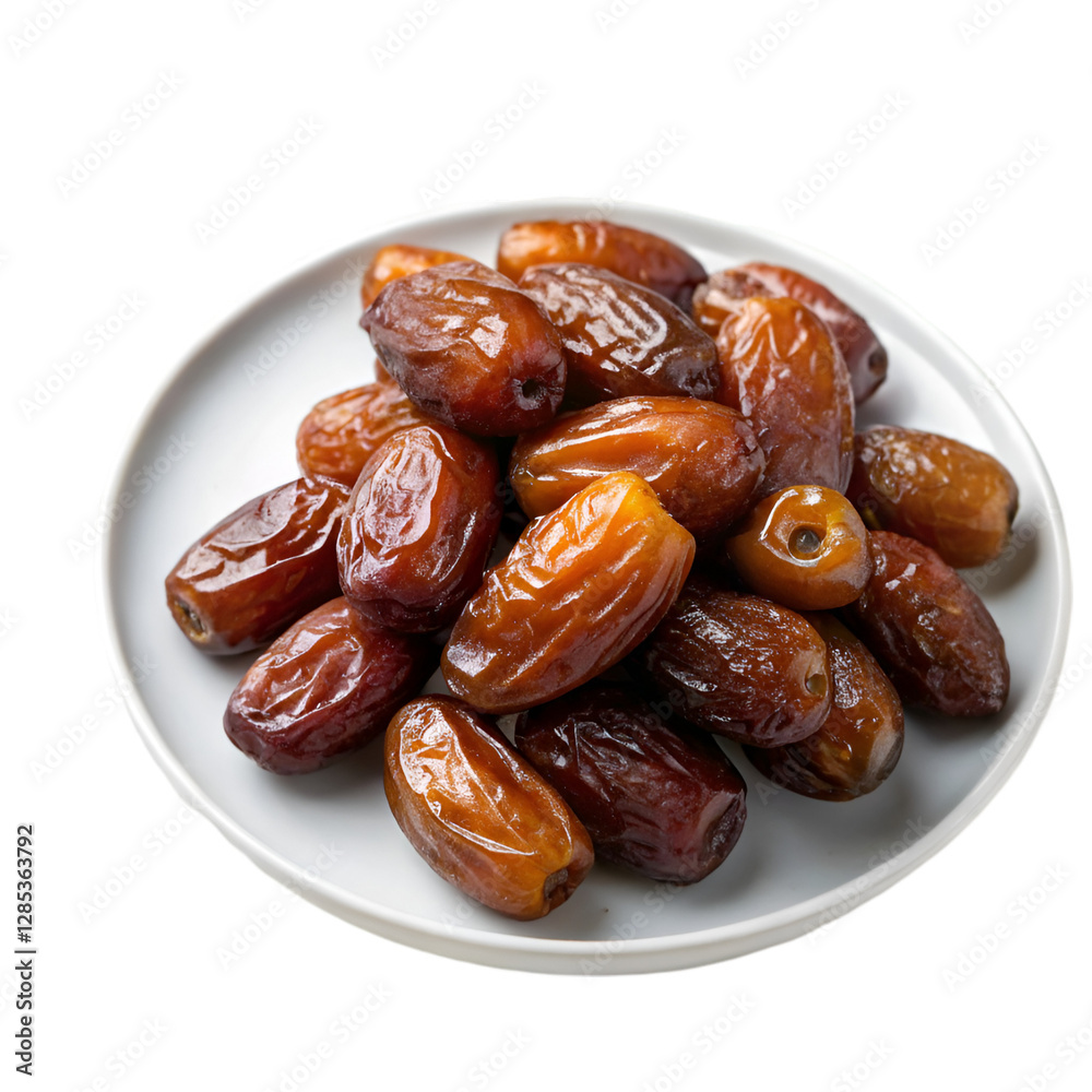 Plate filled with delicious dates against white background Plate filled with delicious dates against white background