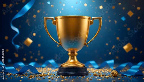 Golden Trophy with Blue and Gold Confetti Background Celebrating Victory, Achievement, and Success in a Festive Setting