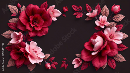 Paper flowers, intricate floral arrangement, deep red and pink blooms, black background, 3D paper art, symmetrical composition, realistic textures, dark and dramatic, handcrafted, elegant design