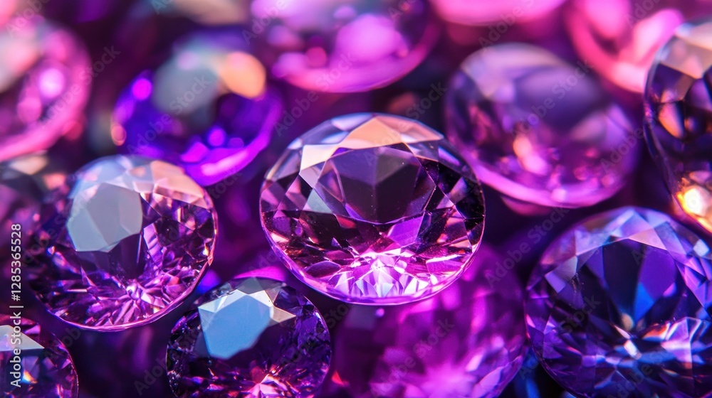 Colorful Faceted Purple Gems Displayed Elegantly in Soft Lighting Atmosphere Colorful Faceted Purple Gems Displayed Elegantly in Soft Lighting Atmosphere