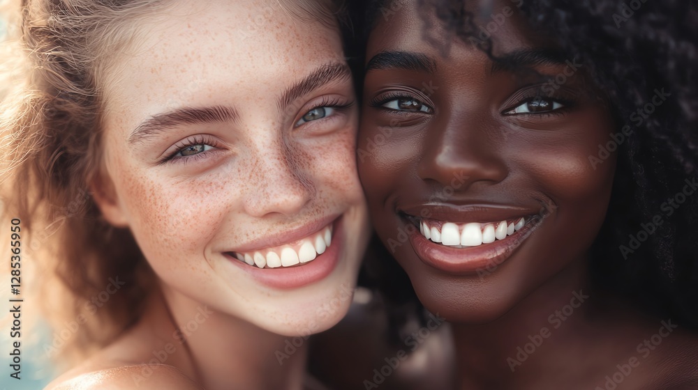 A closeup of a smiling person with fair skin, next to another with deep brown skin, both showing flawless skin and glowing confidence in a natural setting A closeup of a smiling person with fair skin, next to another with deep brown skin, both showing flawless skin and glowing confidence in a natural setting