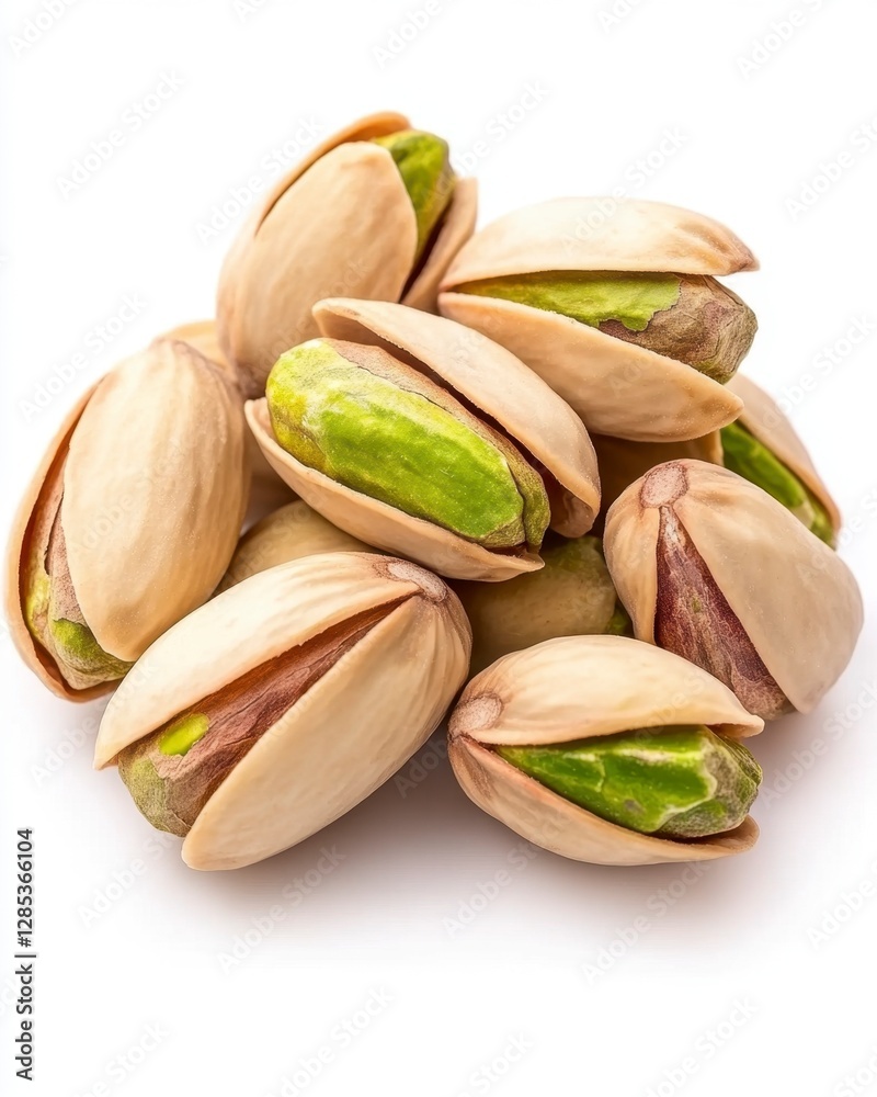 Close up of a small pile of shelled pistachios on a white background. The pistachios are light beige with hints of green, showing their natural Close up of a small pile of shelled pistachios on a white background. The pistachios are light beige with hints of green, showing their natural
