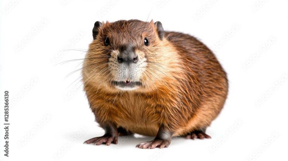 Close up of a brown beaver against a white background. The beaver is looking directly at the camera with a curious expression Close up of a brown beaver against a white background. The beaver is looking directly at the camera with a curious expression