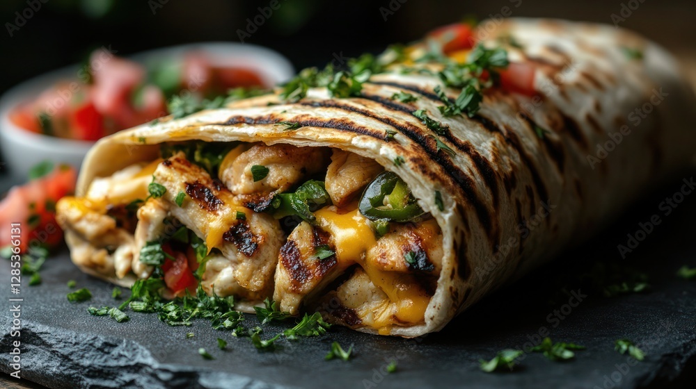 grilled burrito with melted cheese, grilled chicken strips, and spicy jalapeños grilled burrito with melted cheese, grilled chicken strips, and spicy jalapeños