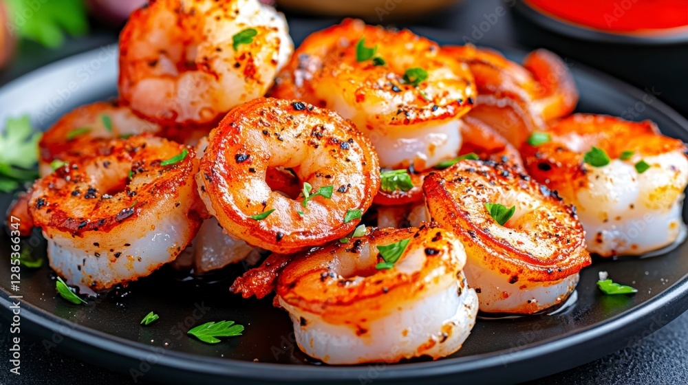 Close up view of delicious grilled shrimps on a dark plate, garnished with fresh parsley. The shrimps are golden brown and appear juicy and Close up view of delicious grilled shrimps on a dark plate, garnished with fresh parsley. The shrimps are golden brown and appear juicy and