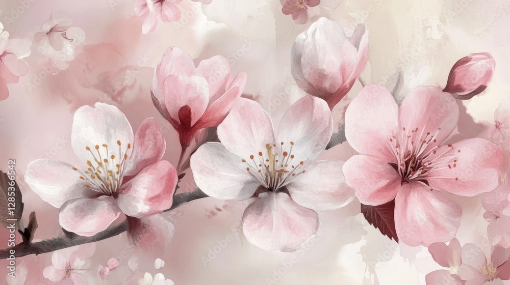 Blooming Sakura Branch with Soft Pink Flowers in a Serene Spring Setting Blooming Sakura Branch with Soft Pink Flowers in a Serene Spring Setting